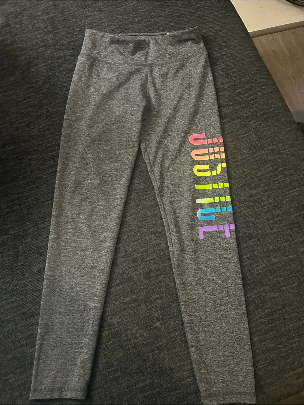Justice Gray Leggings with Rainbow 'JUST CHILL' Side Print